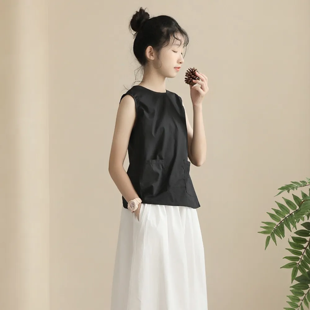 日系 后背纽扣开叉上衣/ 白色裙裤 Elegant Sleeveless Top/ Wide-Leg Culottes