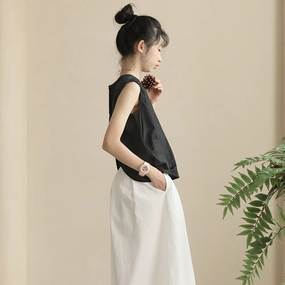 日系 后背纽扣开叉上衣/ 白色裙裤 Elegant Sleeveless Top/ Wide-Leg Culottes