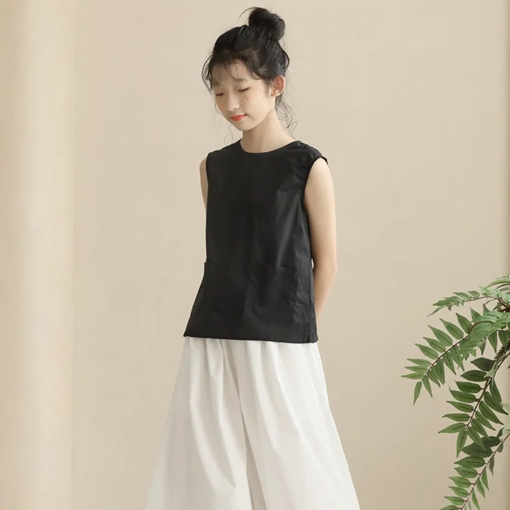 日系 后背纽扣开叉上衣/ 白色裙裤 Elegant Sleeveless Top/ Wide-Leg Culottes