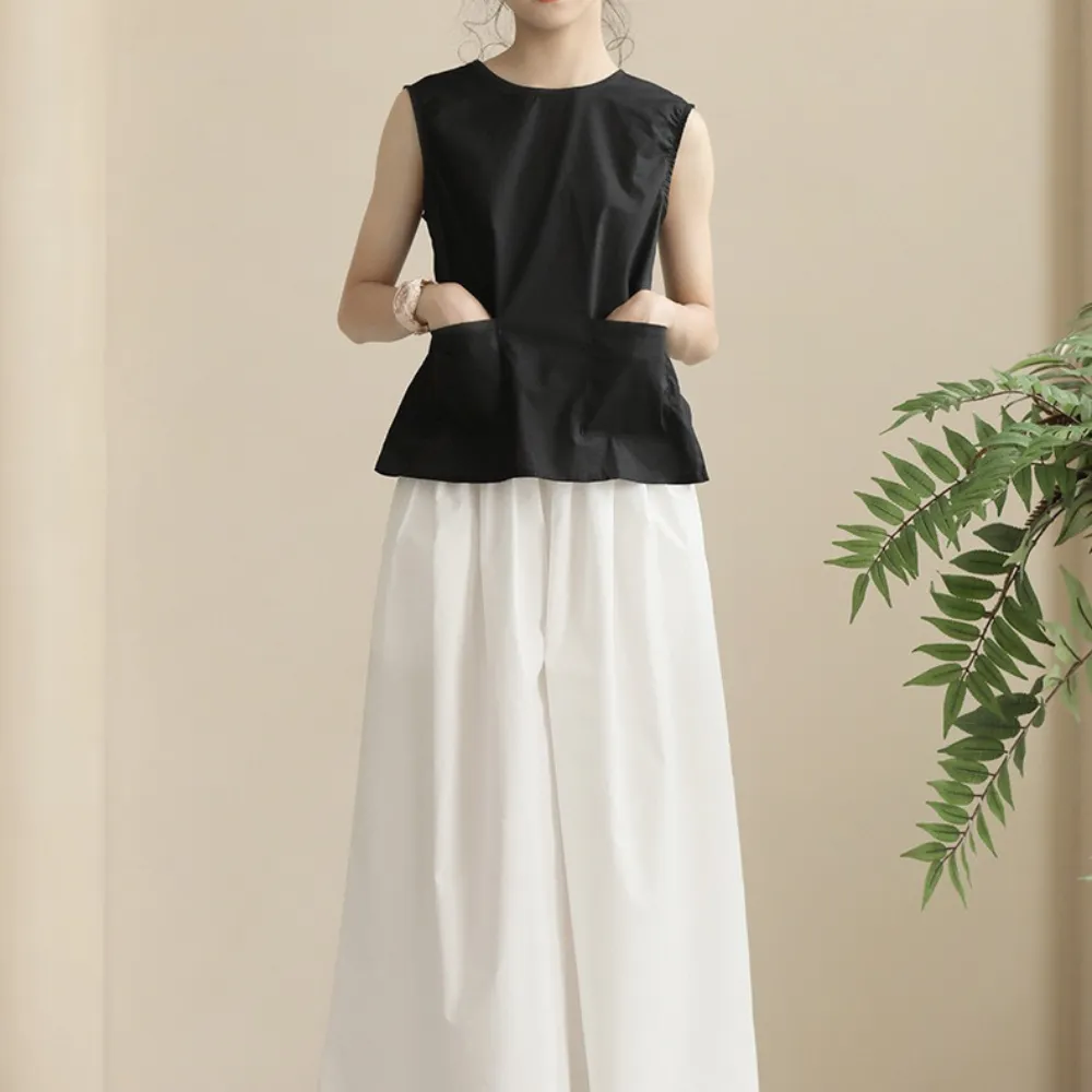 日系 后背纽扣开叉上衣/ 白色裙裤 Elegant Sleeveless Top/ Wide-Leg Culottes