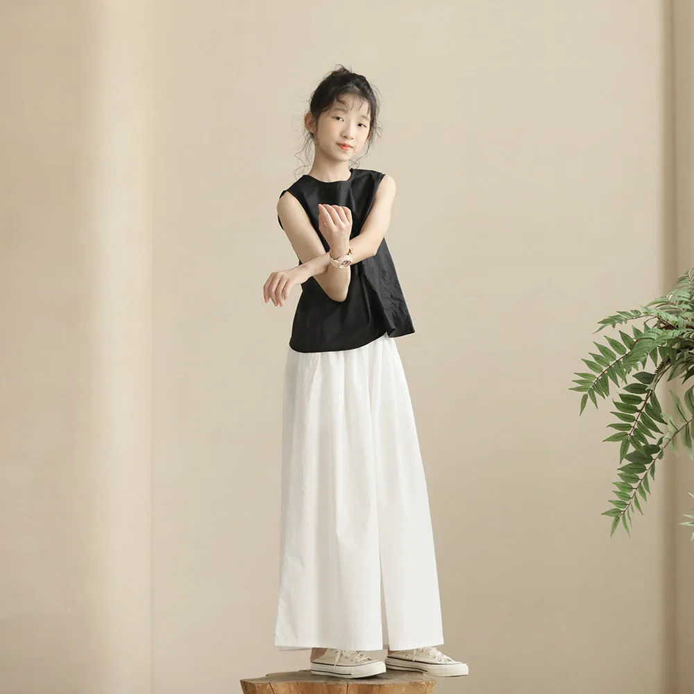 日系 后背纽扣开叉上衣/ 白色裙裤 Elegant Sleeveless Top/ Wide-Leg Culottes