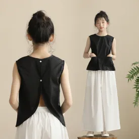 日系 后背纽扣开叉上衣/ 白色裙裤 Elegant Sleeveless Top/ Wide-Leg Culottes