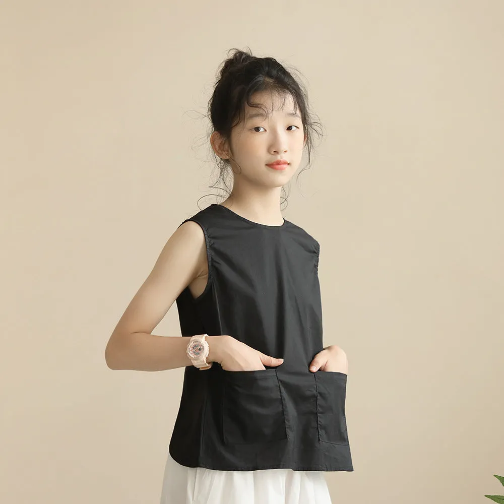 日系 后背纽扣开叉上衣/ 白色裙裤 Elegant Sleeveless Top/ Wide-Leg Culottes