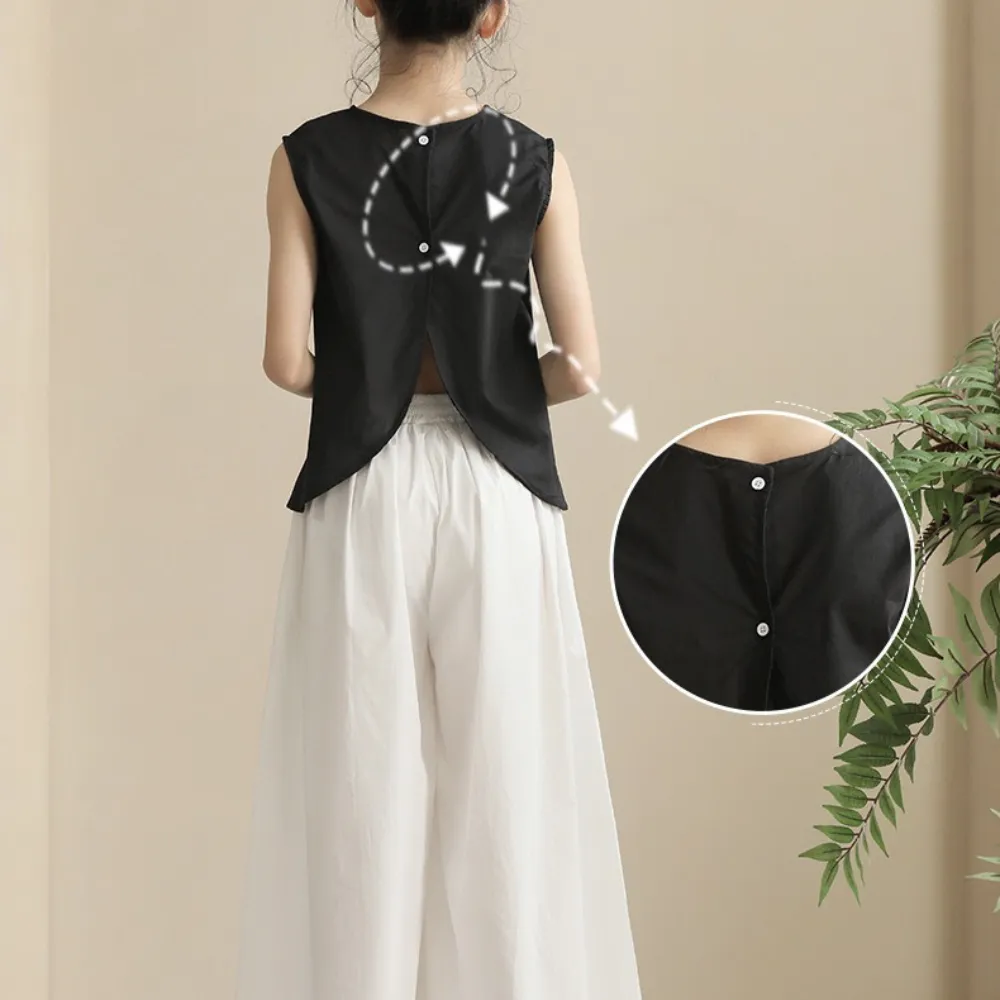 日系 后背纽扣开叉上衣/ 白色裙裤 Elegant Sleeveless Top/ Wide-Leg Culottes