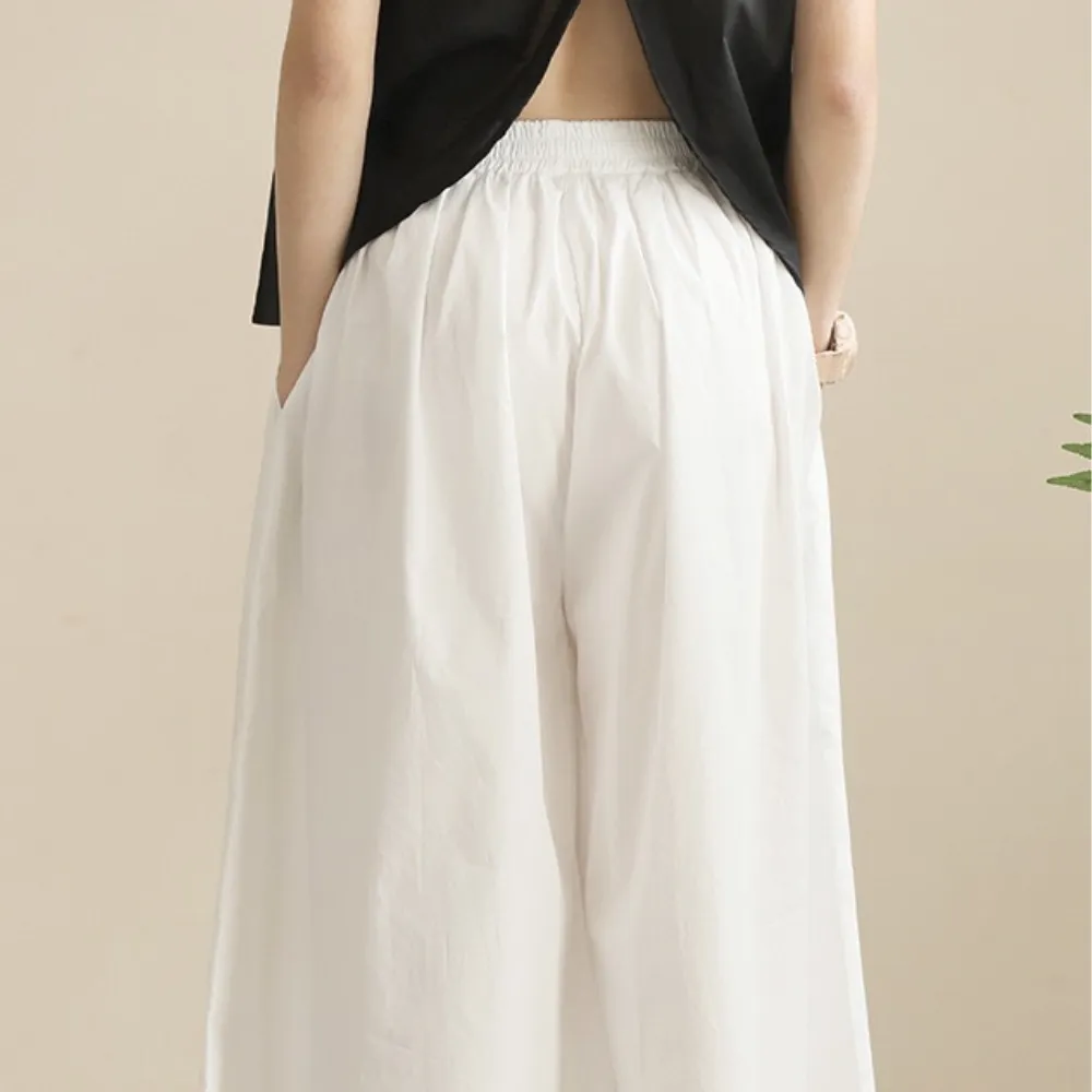 日系 后背纽扣开叉上衣/ 白色裙裤 Elegant Sleeveless Top/ Wide-Leg Culottes