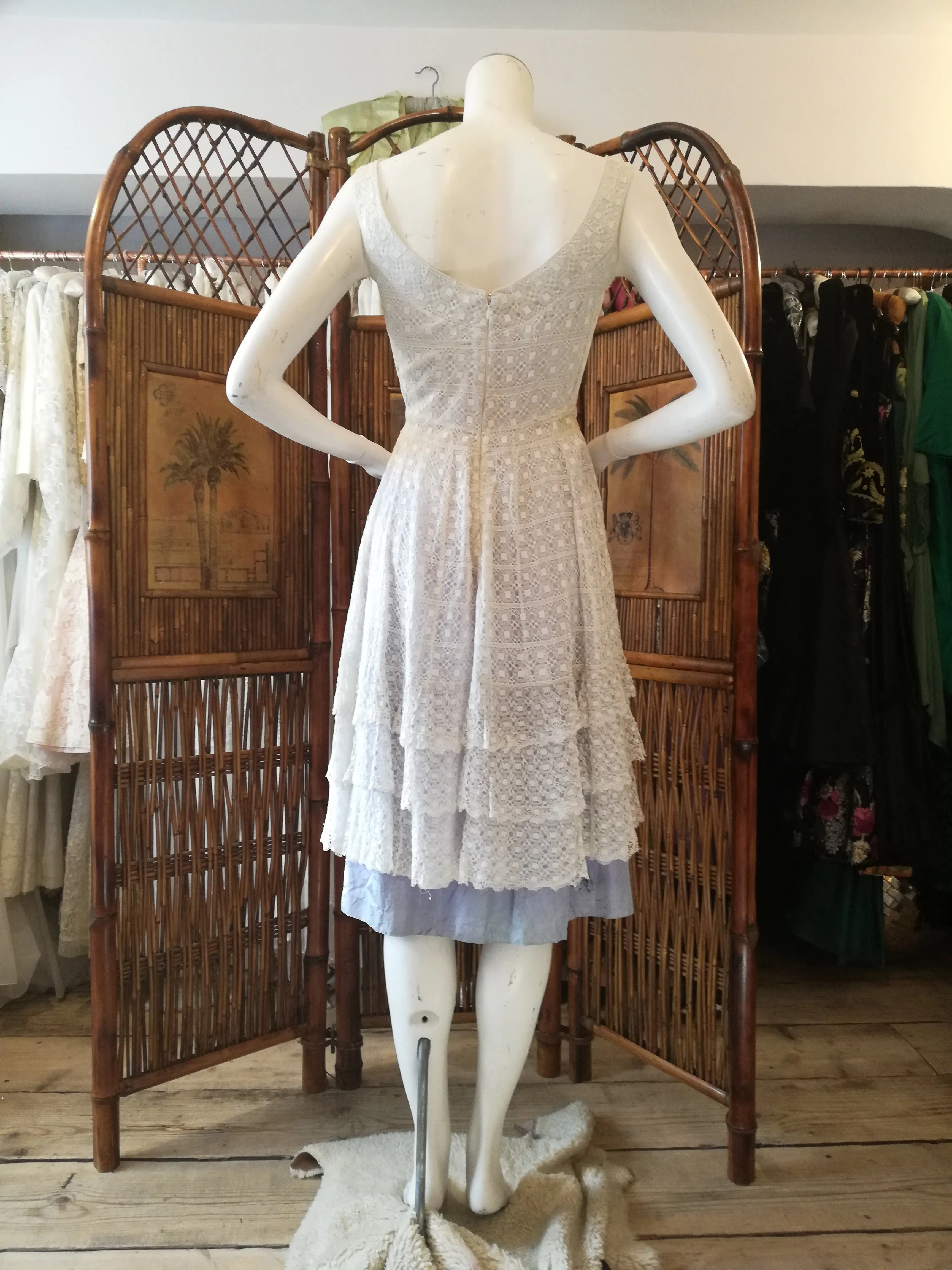 1950's White lace over blue taffeta dress