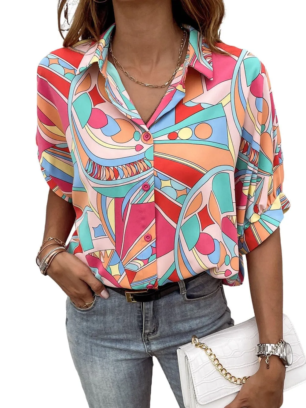 Abstract Geometry Print Puff Sleeve Blouse - Multicolor Shift Shirt