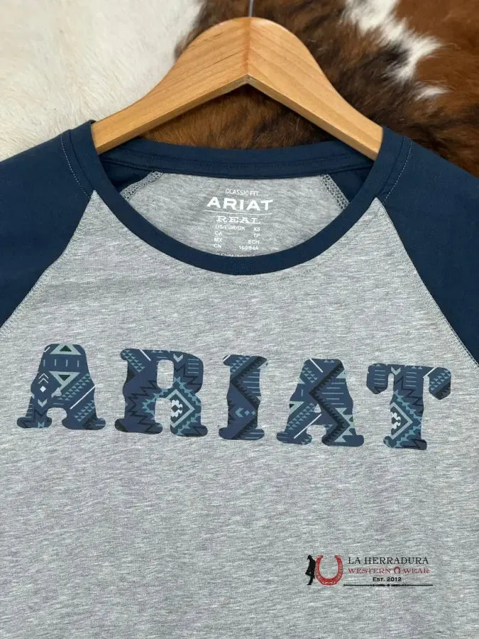 ARIAT WOMENS REAL BASEBALL HEATHER GREY MIDNIGHT BLUE LONG SLEEVE T-SHIRT