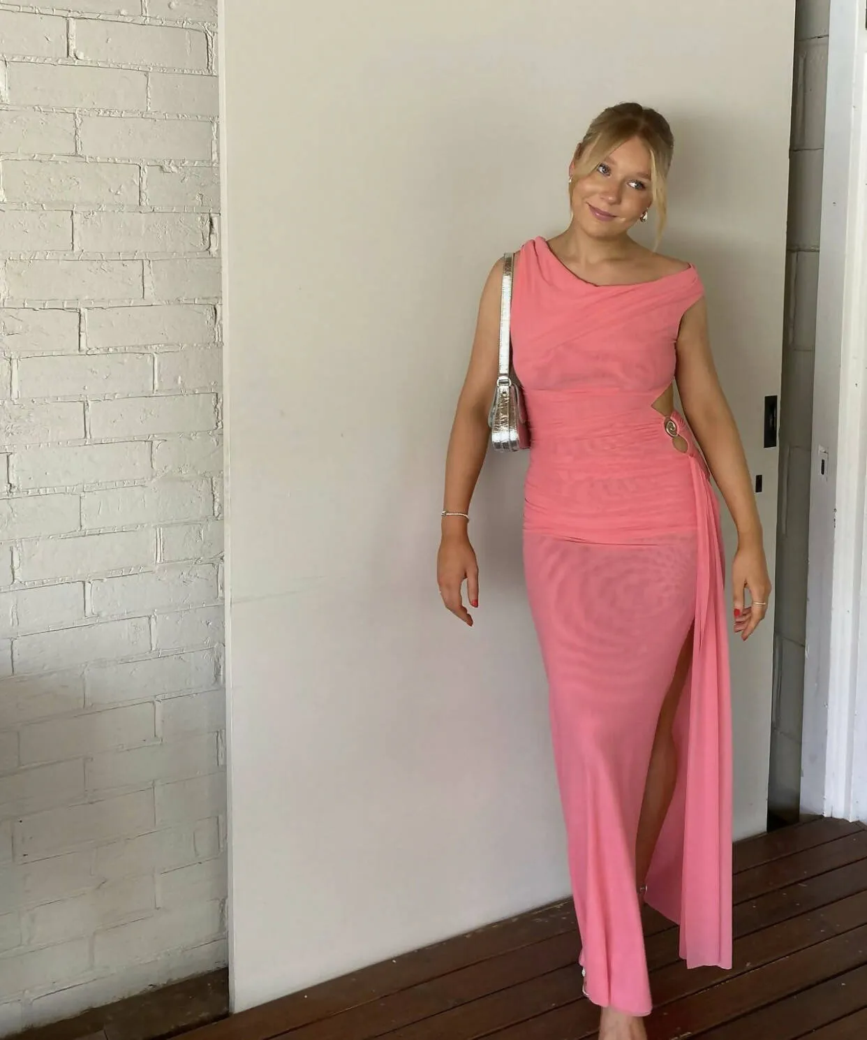 Bec & Bridge Kailani Asymmetrical Maxi Dress in Grapefruit Pink