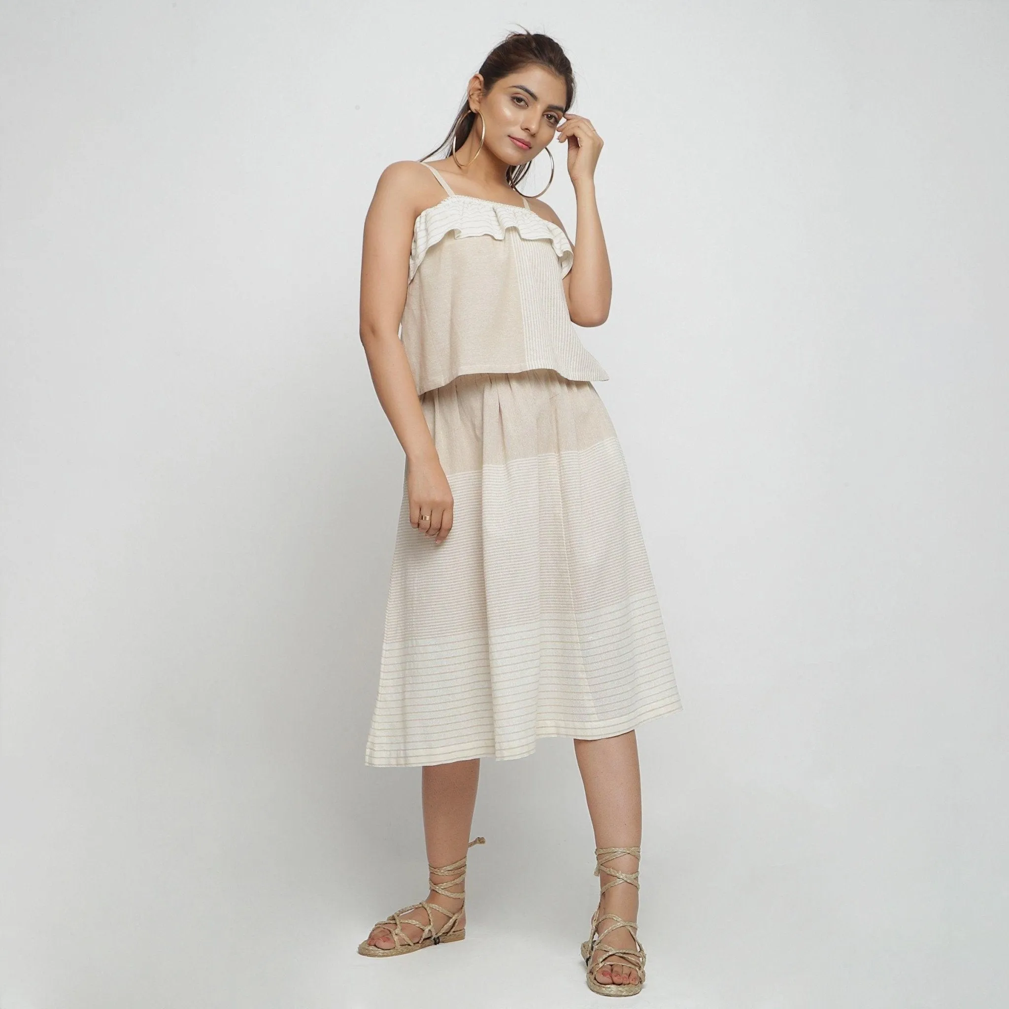 Beige Striped Cotton Frill Camisole Crop Top