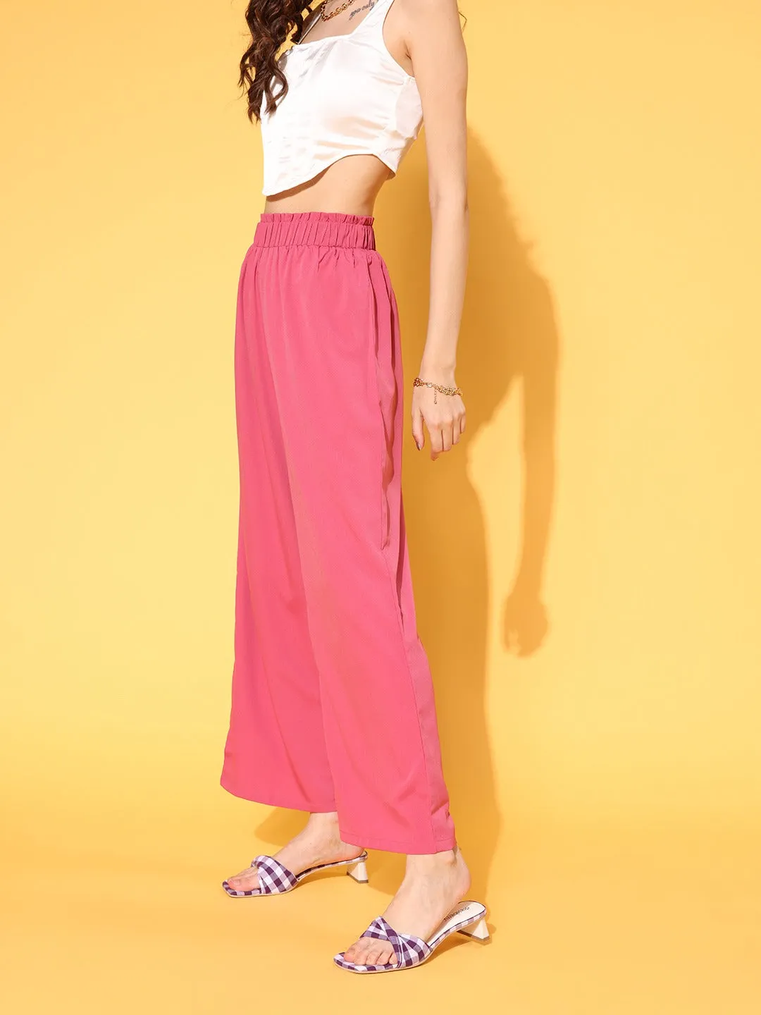 Berrylush Women Solid Pink High-Rise Waist Wide Leg Flared Trousers