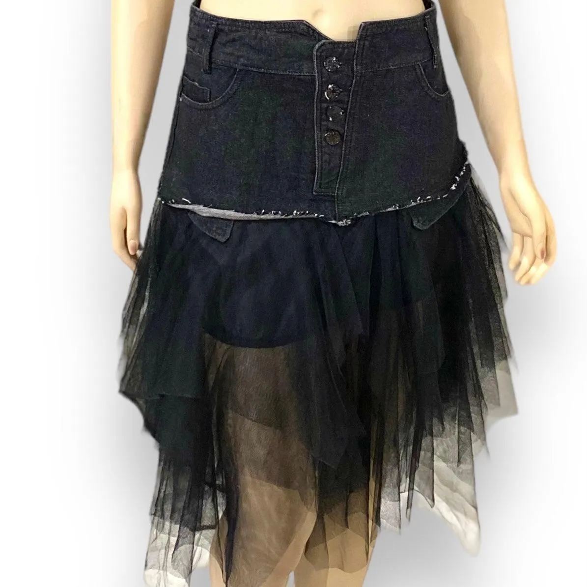 Black Denim Asymmetric Midi Tulle Skirt