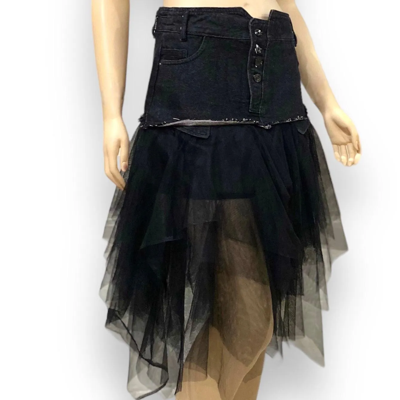 Black Denim Asymmetric Midi Tulle Skirt