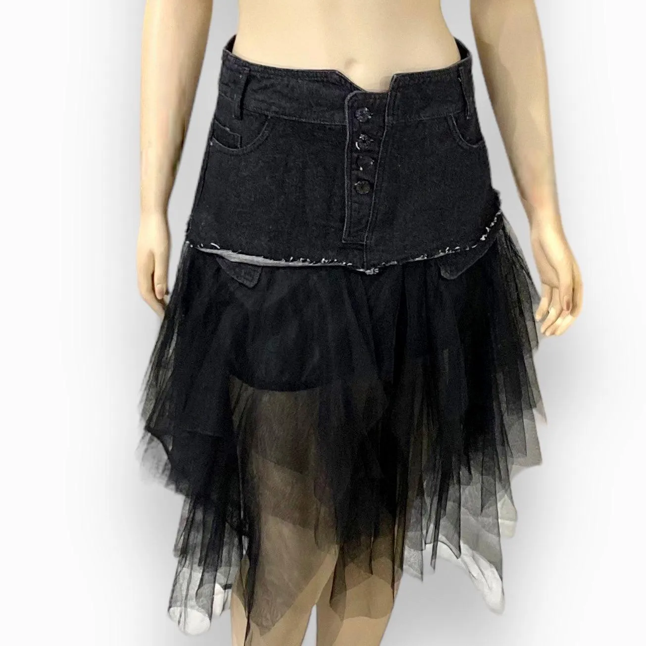 Black Denim Asymmetric Midi Tulle Skirt