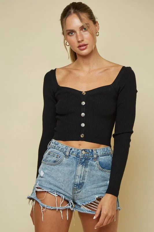 Black Heart Neck Button Detail Sweater Crop Top