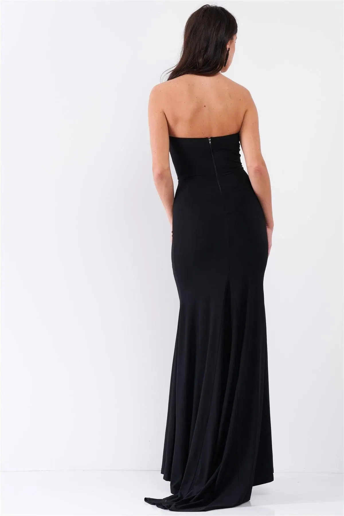 Black Heart Shaped Bust Strapless Deep Front Slip Draped Front Maxi Dress