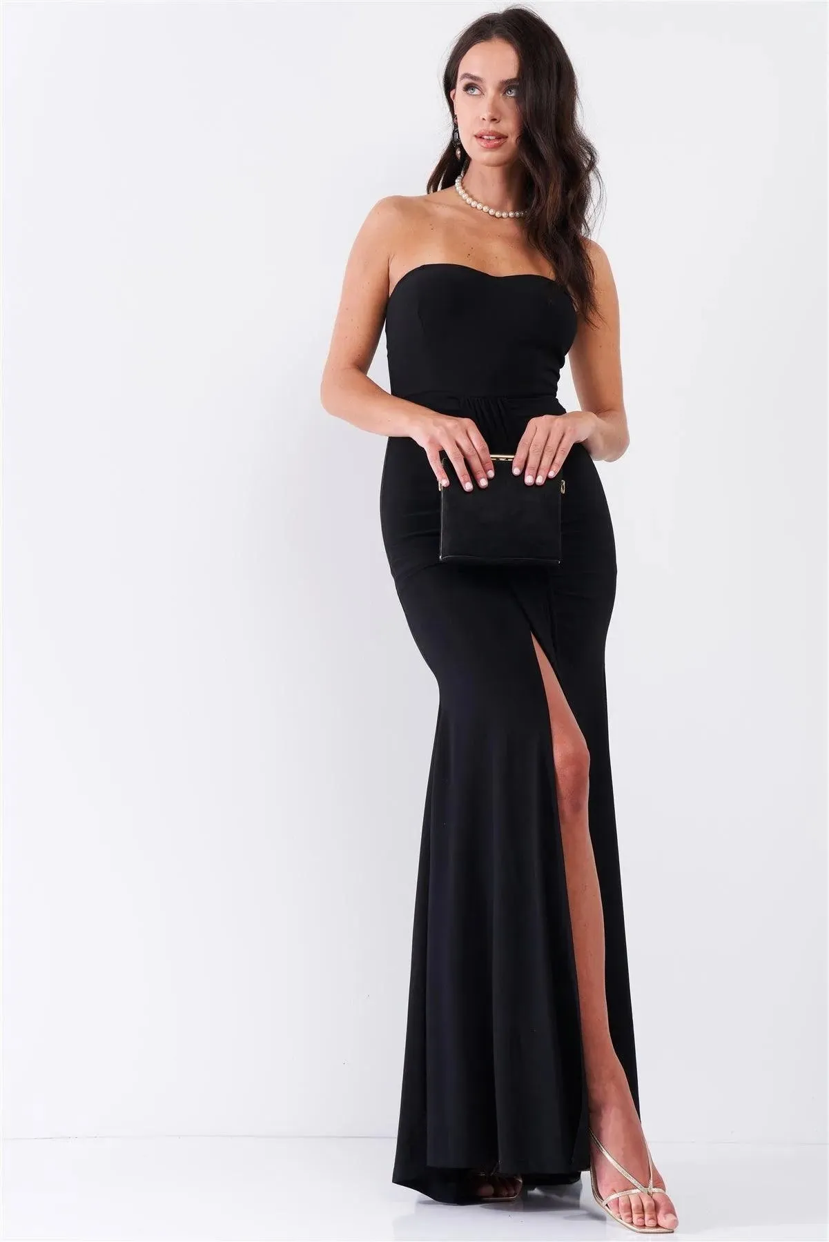 Black Heart Shaped Bust Strapless Deep Front Slip Draped Front Maxi Dress