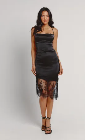 Black Lace Slip Cowl Midi Dress