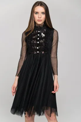 Black Sheer Sleeved Lace Bib Midi Dress