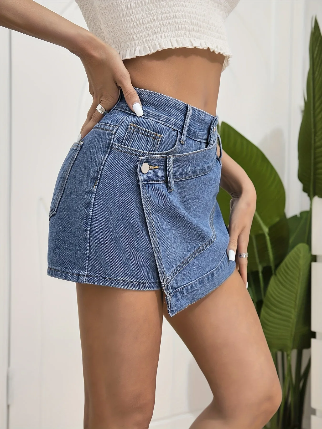 Blue Asymmetrical Denim Shorts