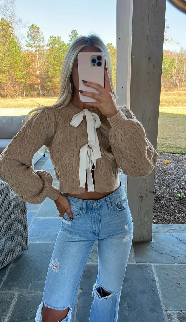 Bow Detail Sweater- Taupe/Ivory