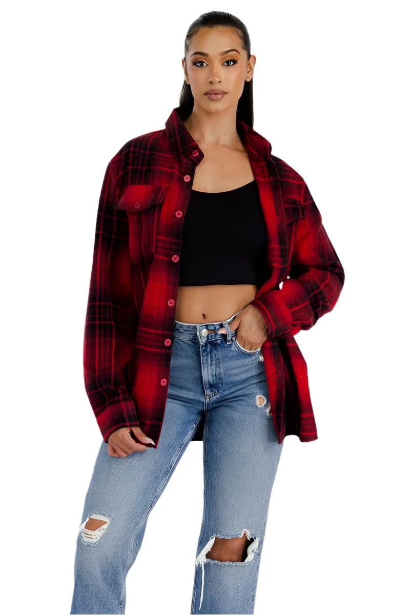 Boyfriend Oversized Soft Flannel Shacket Red Black Plaid