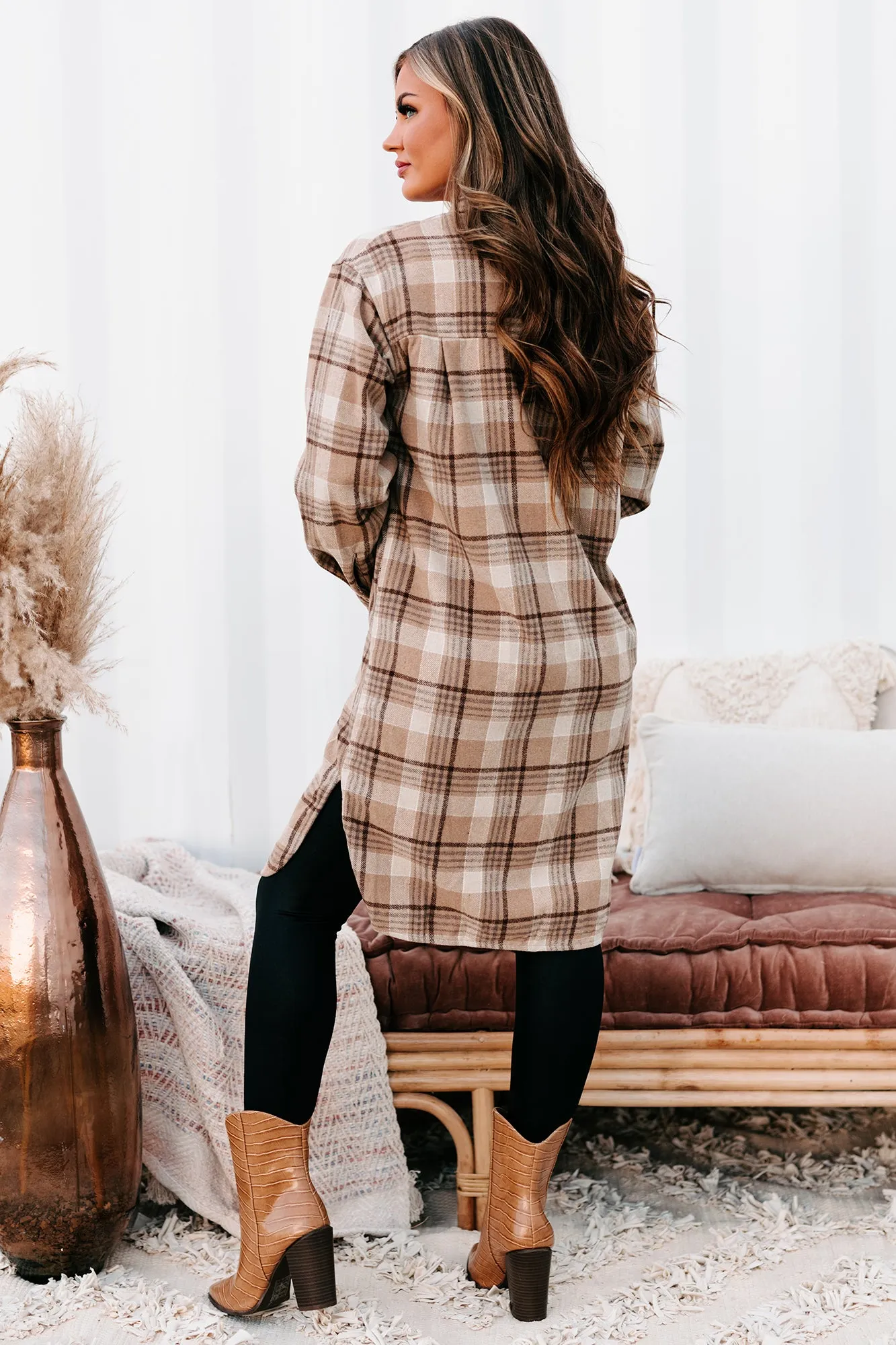 Call Your Bluff Long Plaid Shacket (Tan)