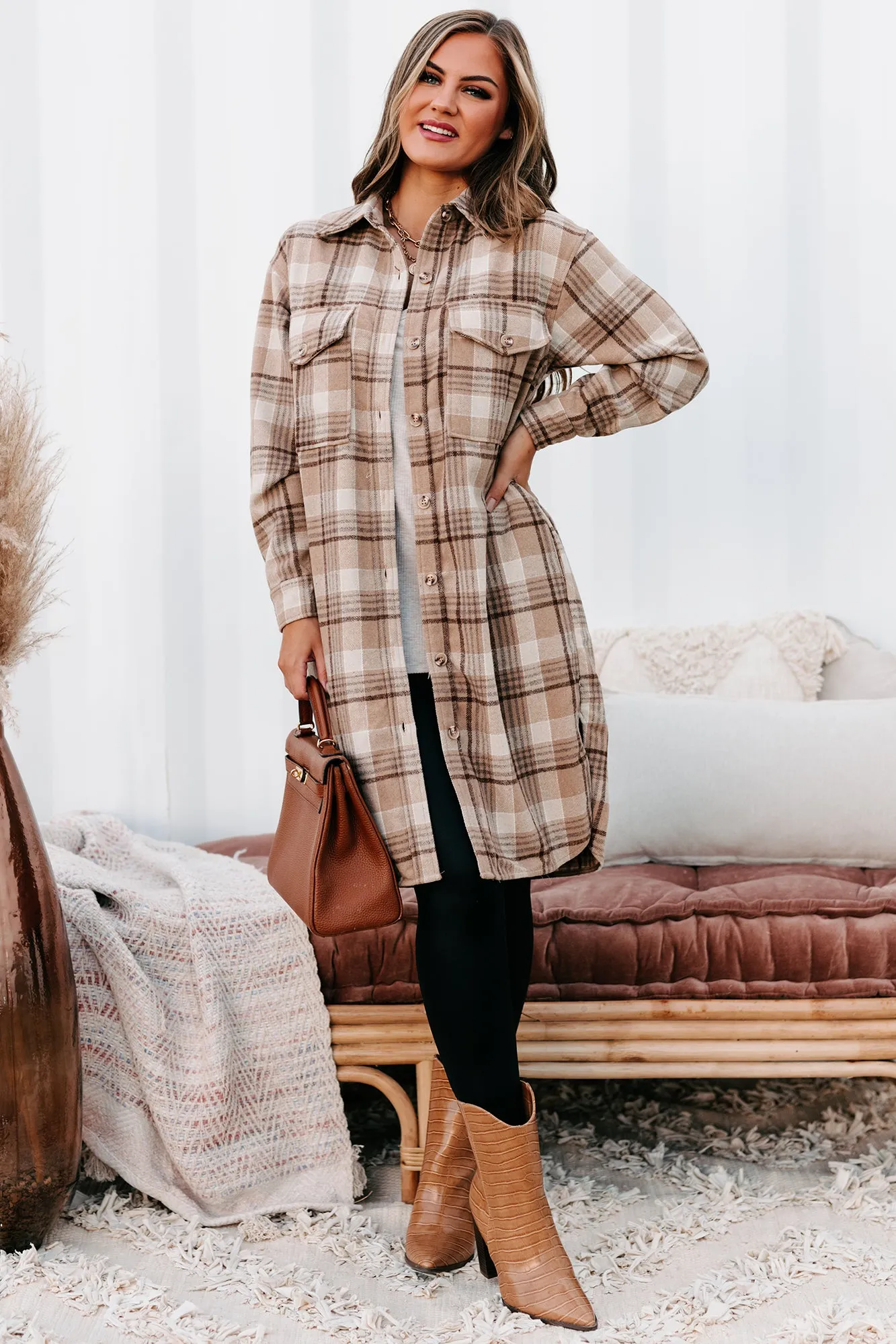 Call Your Bluff Long Plaid Shacket (Tan)