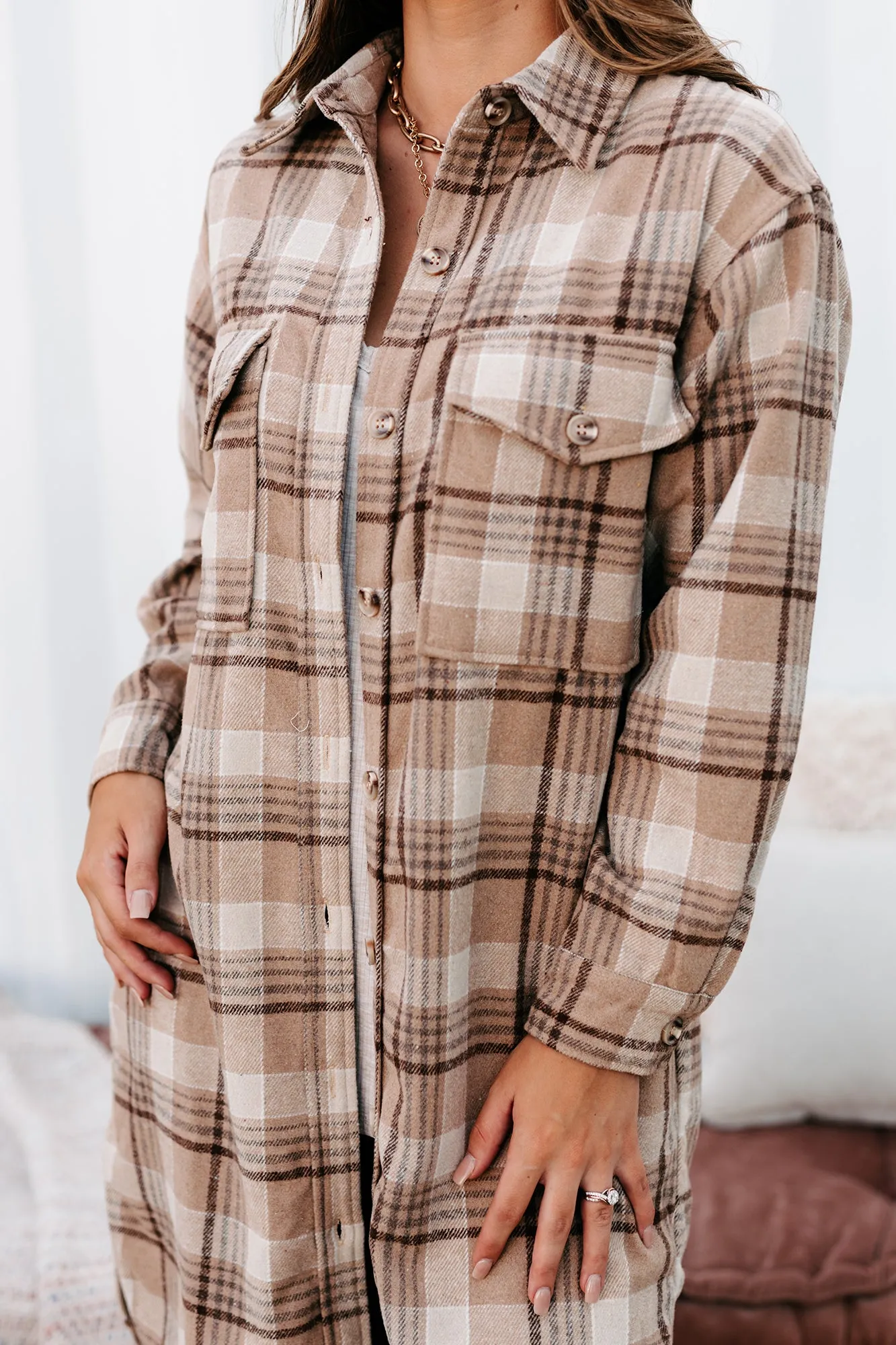 Call Your Bluff Long Plaid Shacket (Tan)