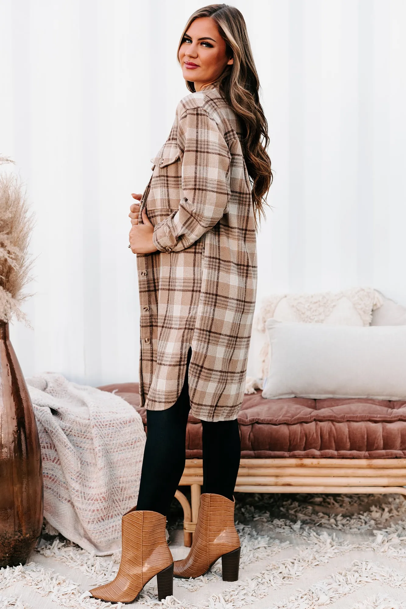 Call Your Bluff Long Plaid Shacket (Tan)