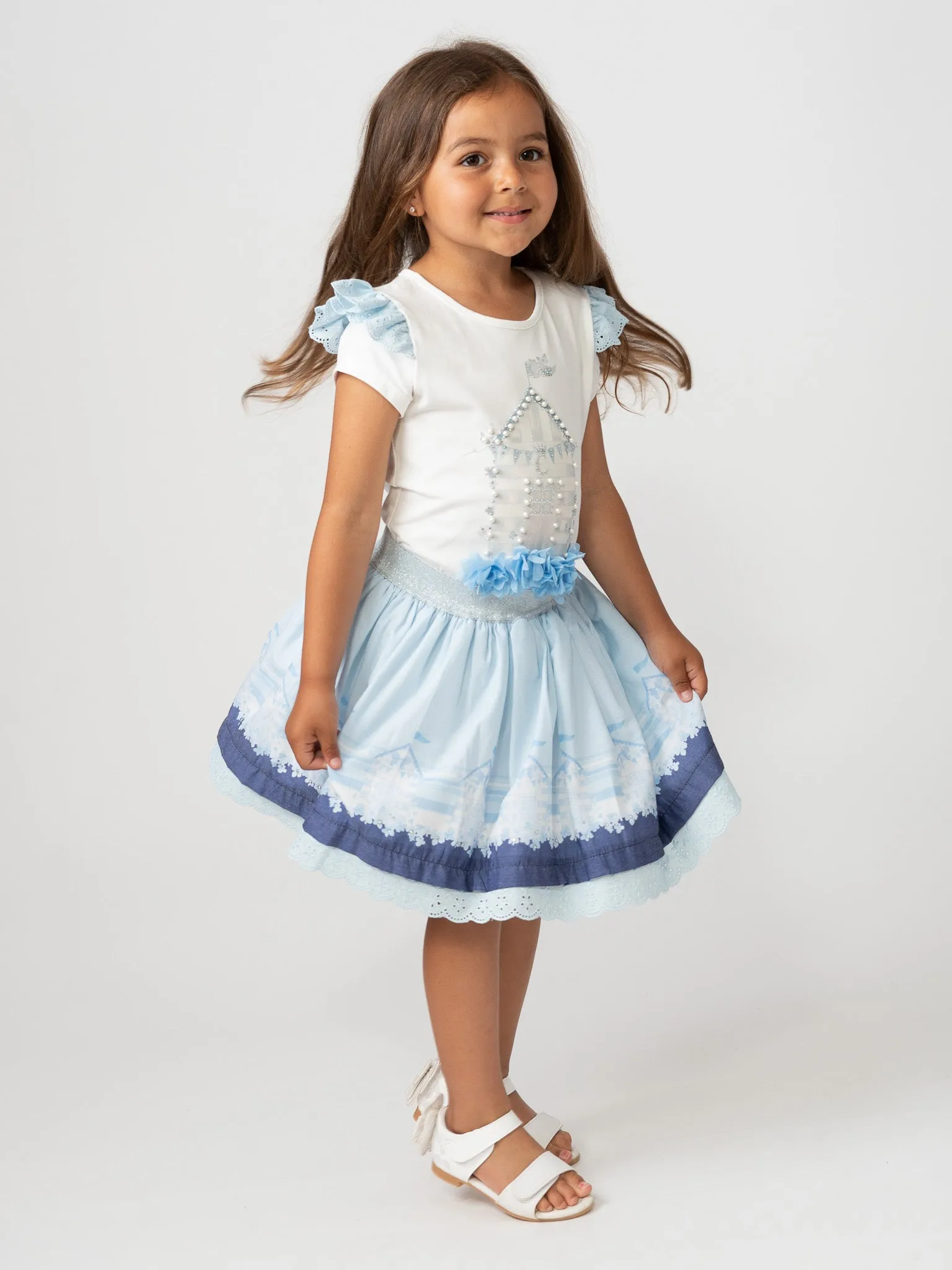 Caramelo Kids Blue 'Beach Hut' Skirt Set with Broderie Trim