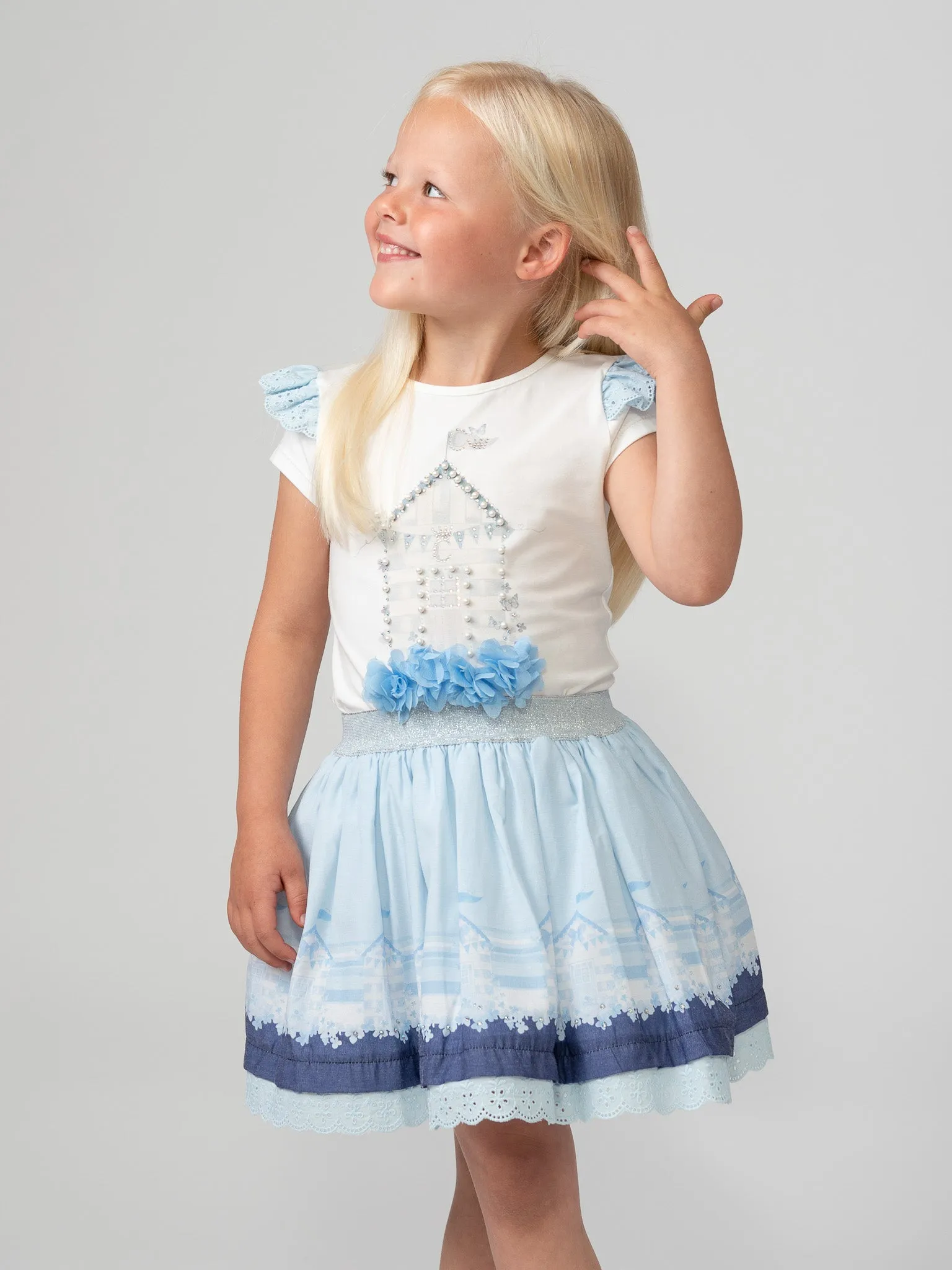 Caramelo Kids Blue 'Beach Hut' Skirt Set with Broderie Trim