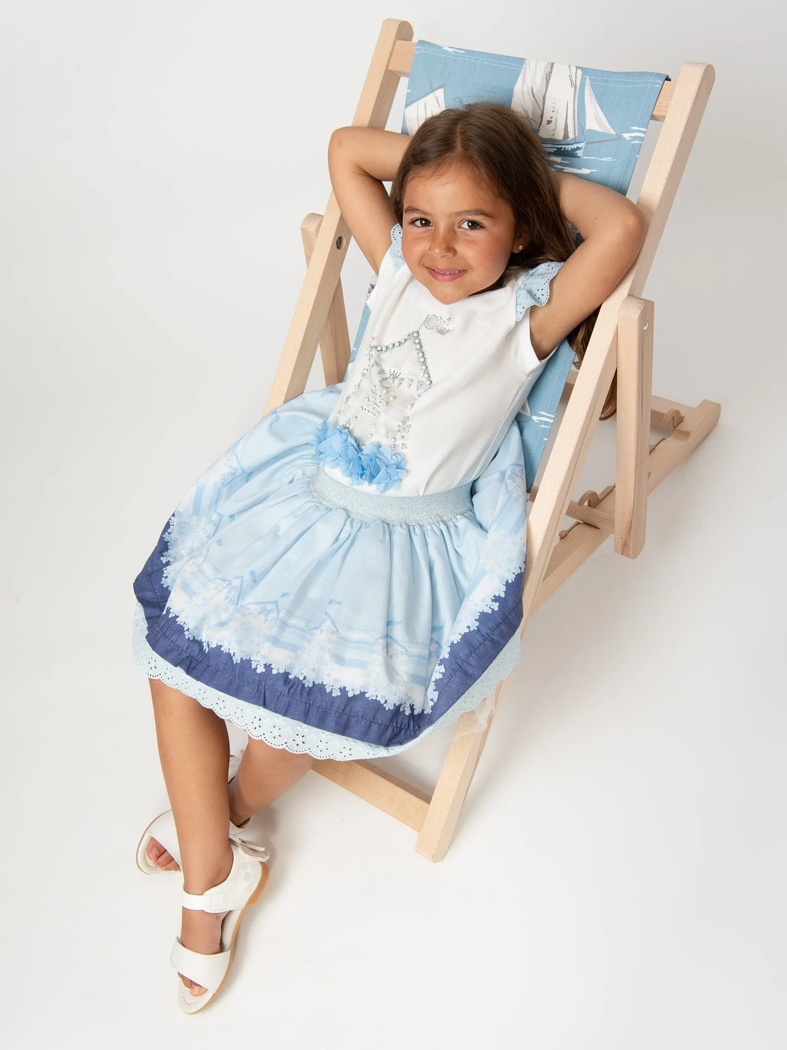 Caramelo Kids Blue 'Beach Hut' Skirt Set with Broderie Trim