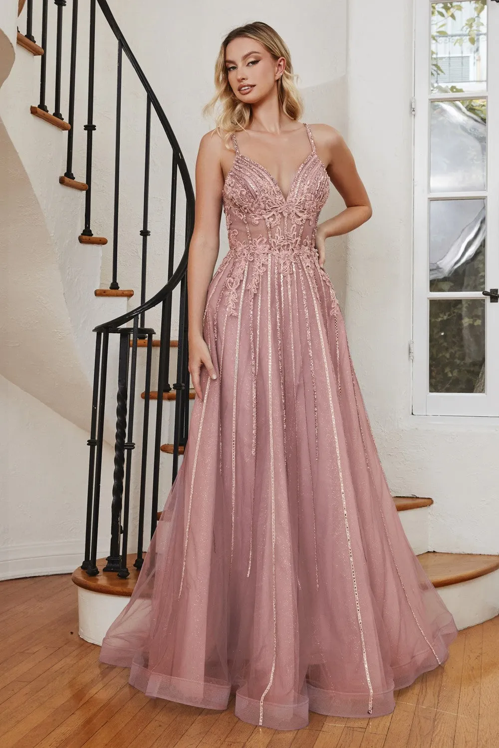 CD CD994 - In-Line Beaded Lace & 3D Floral Embellished A-Line Prom Gown with Sheer Boned Bodice & Shimmer Tulle Skirt