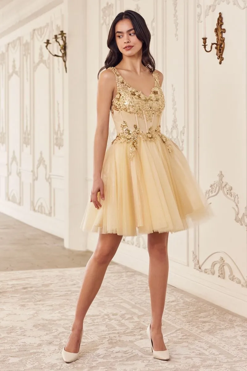 CD CY019 - Layered Glitter Tulle A-Line Homecoming Dress with Sequined Lace Adorned Boned V-Neck Bodice