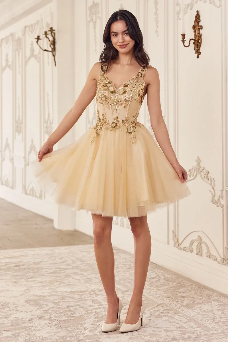 CD CY019 - Layered Glitter Tulle A-Line Homecoming Dress with Sequined Lace Adorned Boned V-Neck Bodice