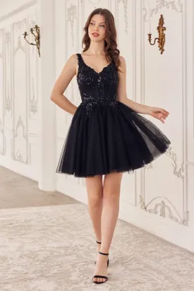 CD CY019 - Layered Glitter Tulle A-Line Homecoming Dress with Sequined Lace Adorned Boned V-Neck Bodice