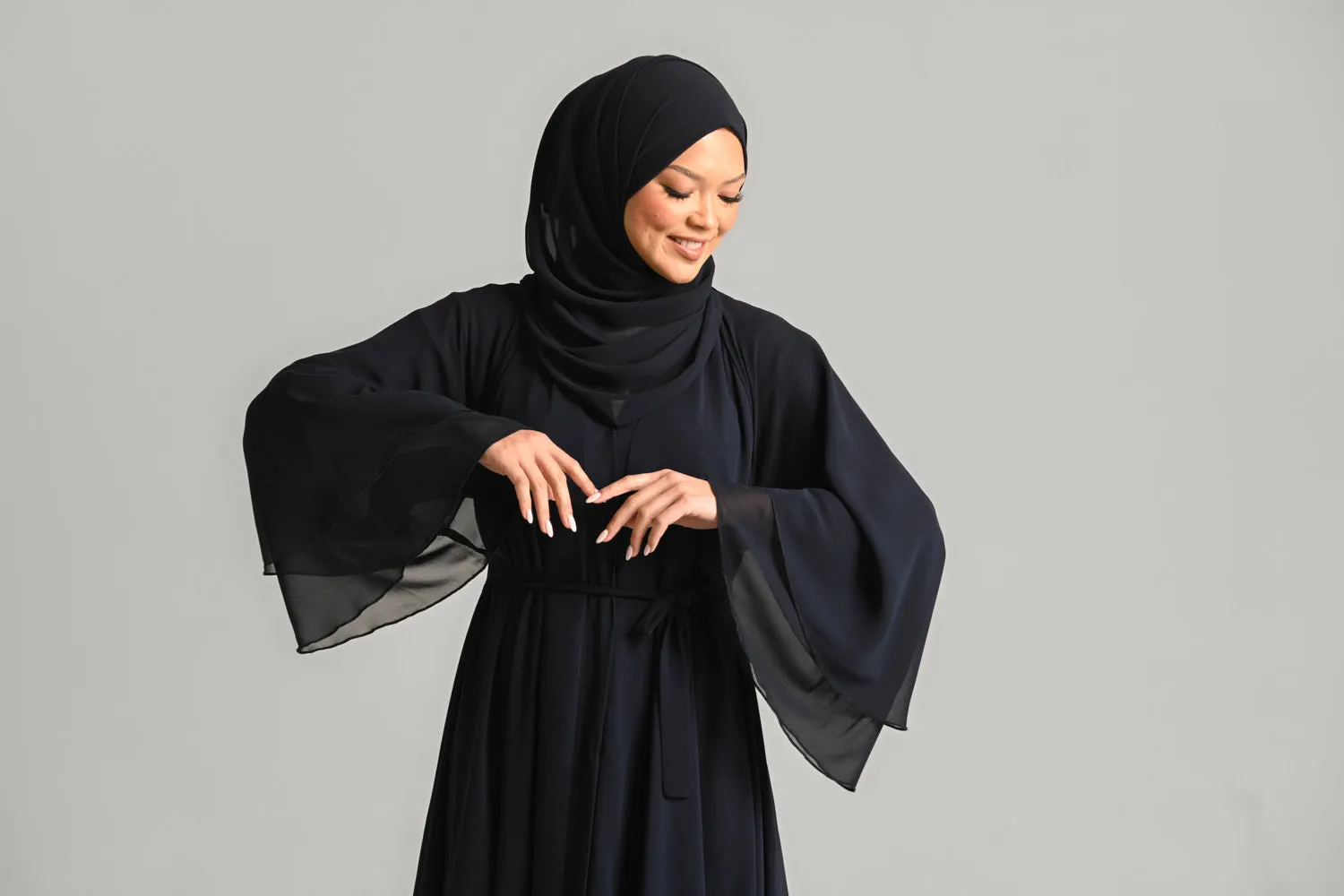 Chiffon Layered Open Abaya - Royal Navy