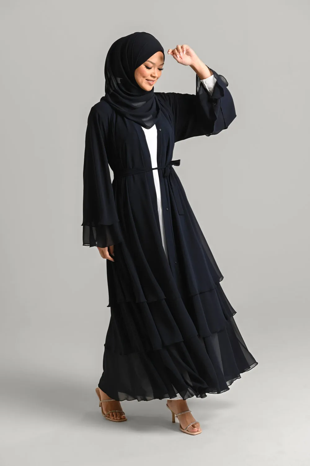 Chiffon Layered Open Abaya - Royal Navy