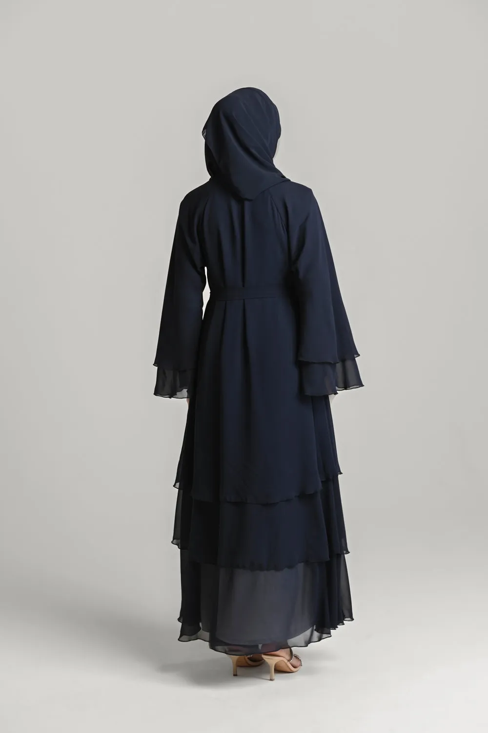 Chiffon Layered Open Abaya - Royal Navy