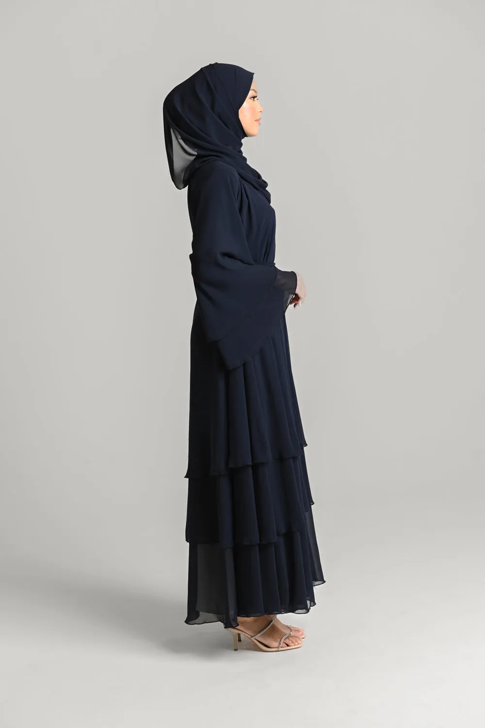 Chiffon Layered Open Abaya - Royal Navy