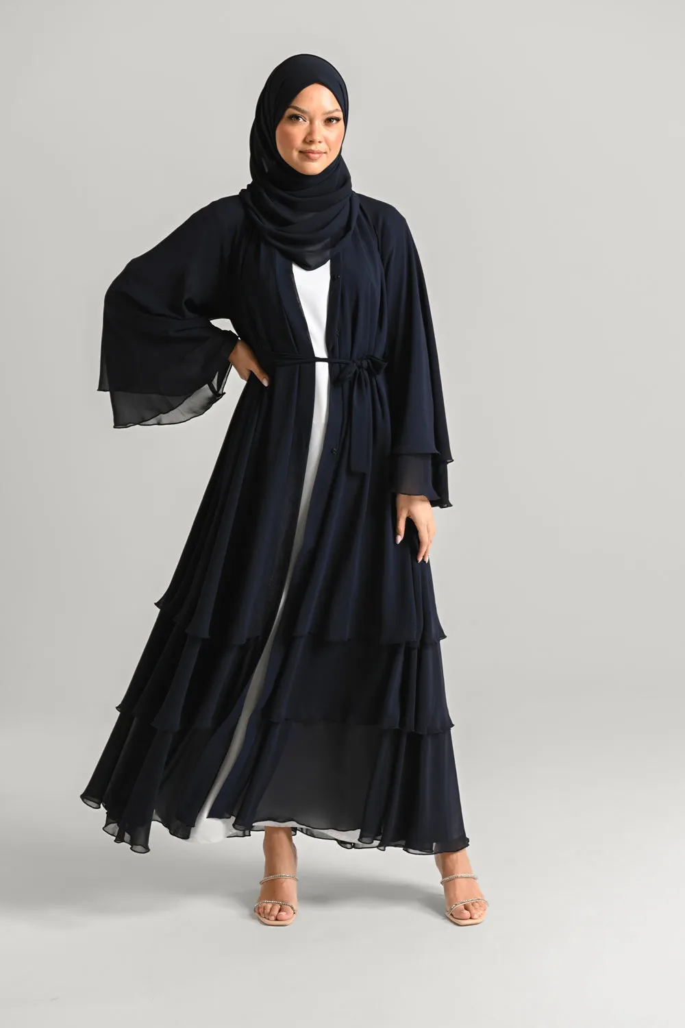 Chiffon Layered Open Abaya - Royal Navy