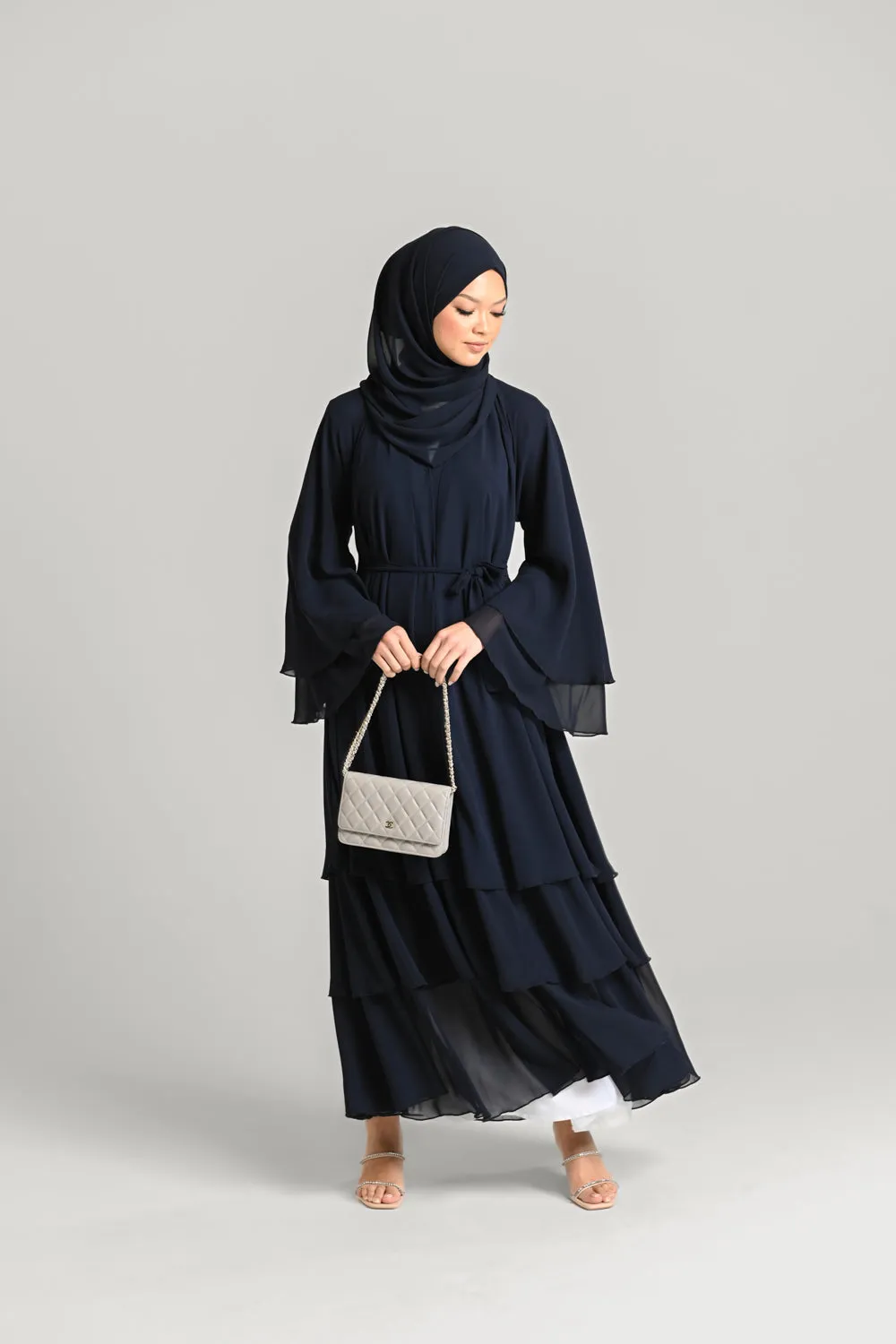 Chiffon Layered Open Abaya - Royal Navy