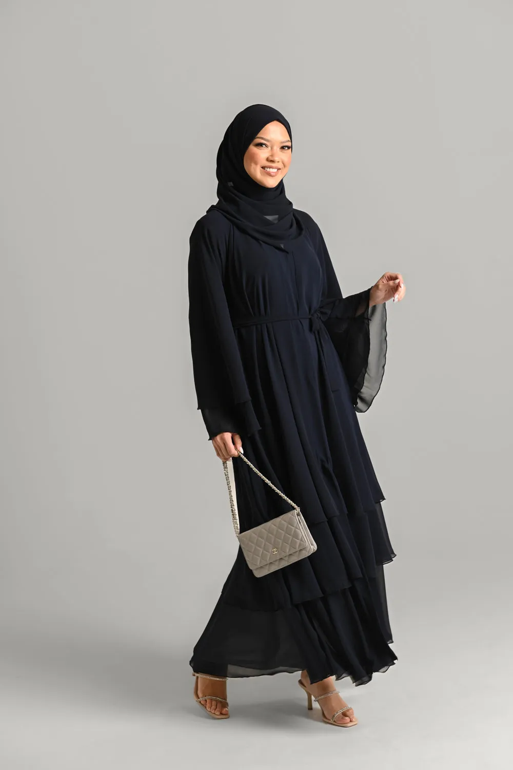 Chiffon Layered Open Abaya - Royal Navy