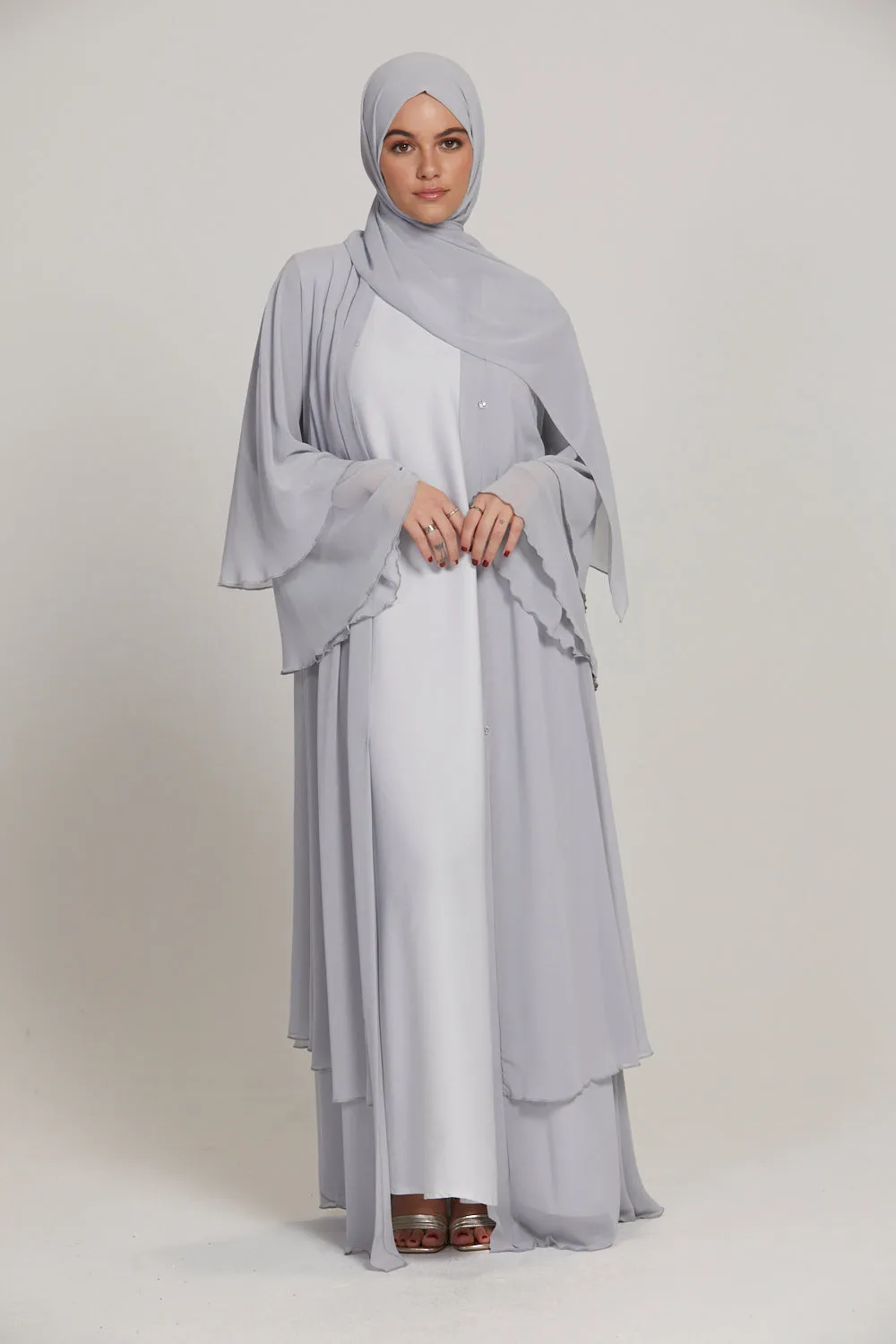 Chiffon Layered Open Abaya - Silver Grey