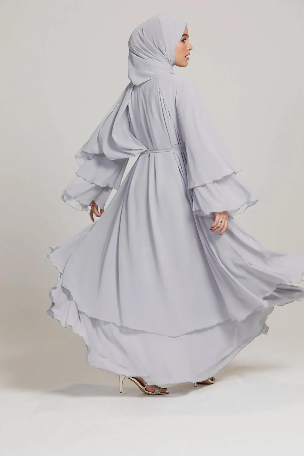 Chiffon Layered Open Abaya - Silver Grey