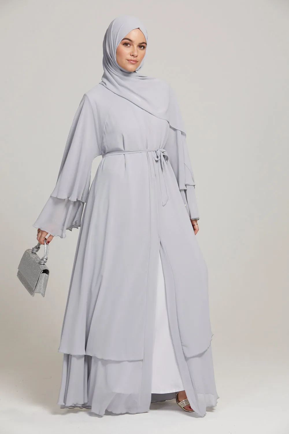 Chiffon Layered Open Abaya - Silver Grey