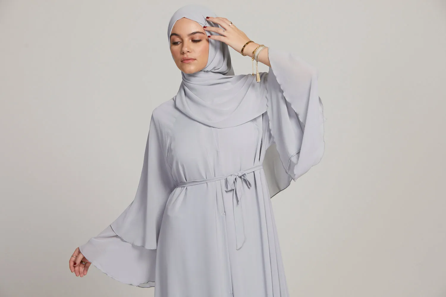 Chiffon Layered Open Abaya - Silver Grey