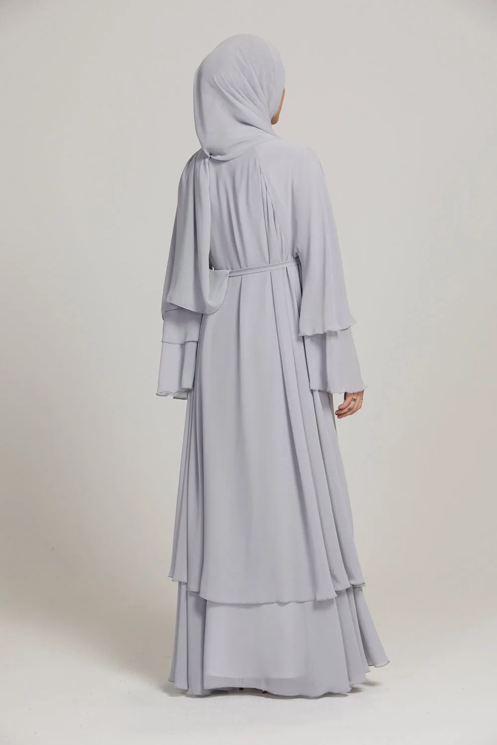 Chiffon Layered Open Abaya - Silver Grey