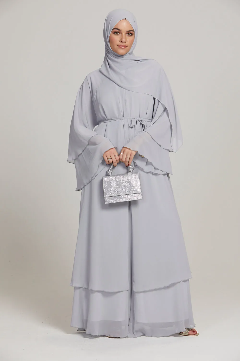 Chiffon Layered Open Abaya - Silver Grey